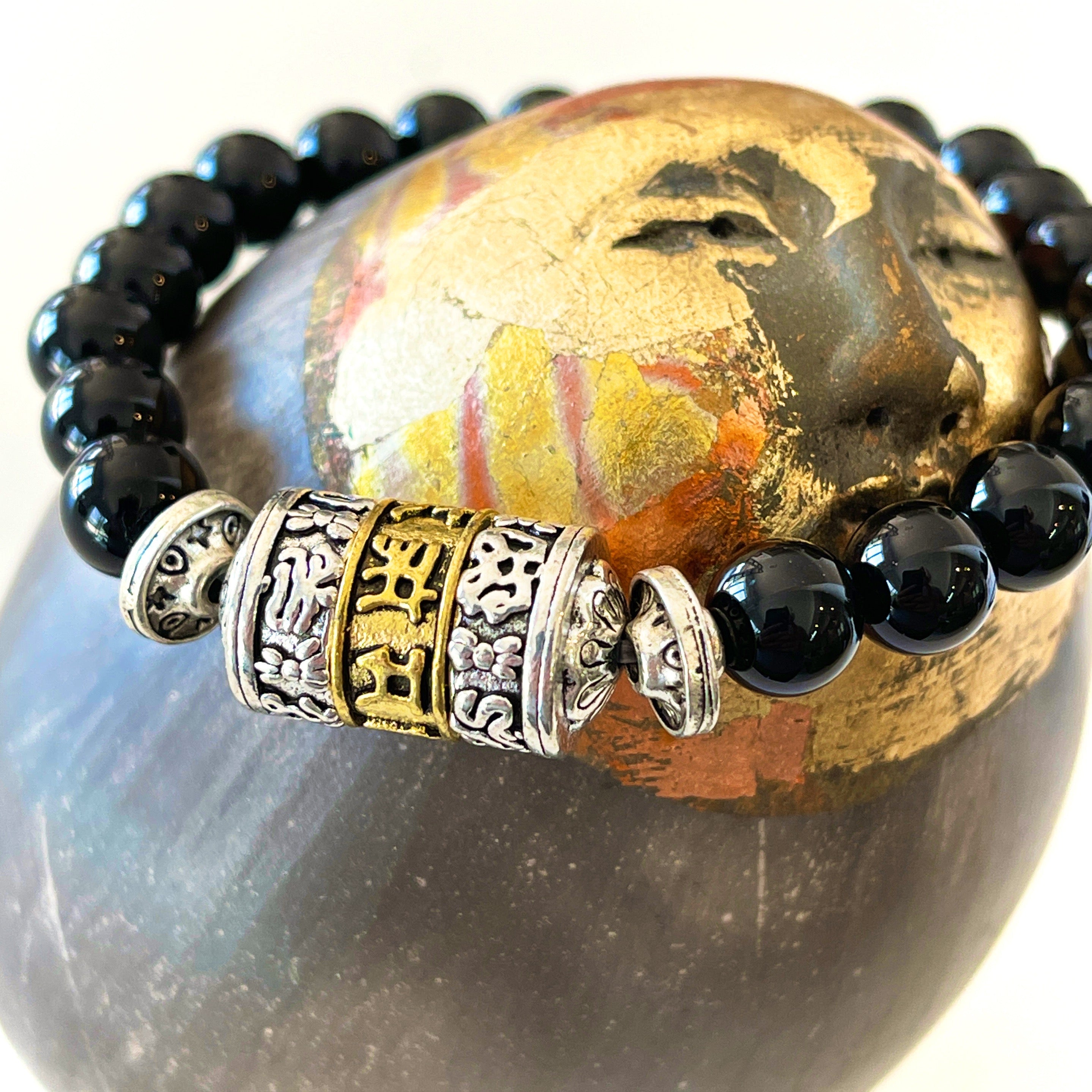 Black agate protective Mala Bracelet Om Mani Padme Hum Prayer Wheel – Peace  Love Bling